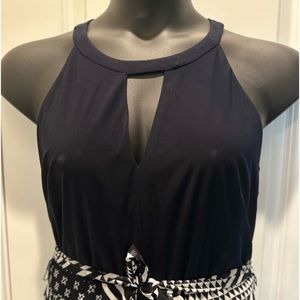 Navy blue and white sleeveless dress